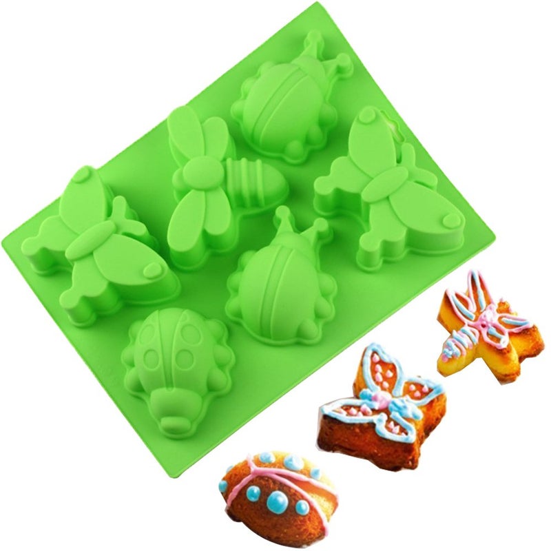 SENHAI 2 Pcs Insect shape Silicone Trays, SENHAI 6-Cavity 3D Dragonfly Butterfly Ladybug shape Cake Baking Molds, DIY Soap Handmade Muffin Biscuit Cookie Pans - Orange, Green - Image 4